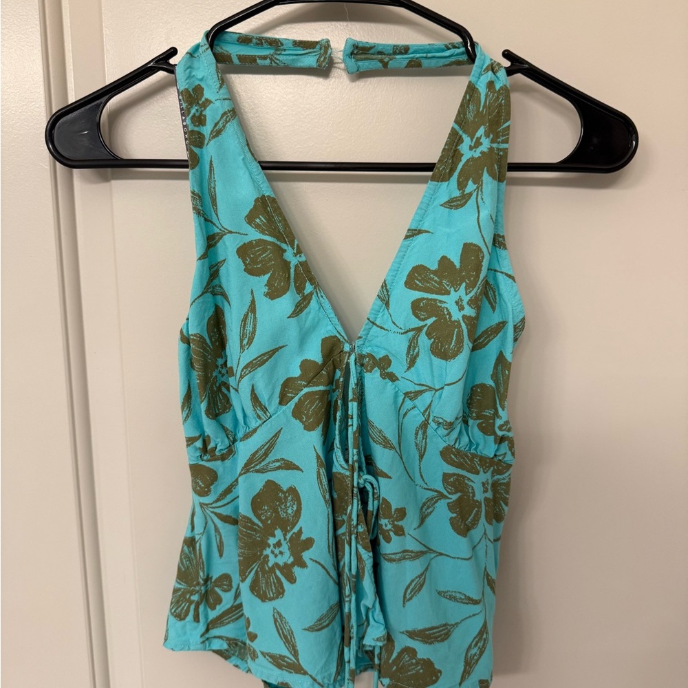 Billabong Turquoise Halter Camisole with Olive Floral Print